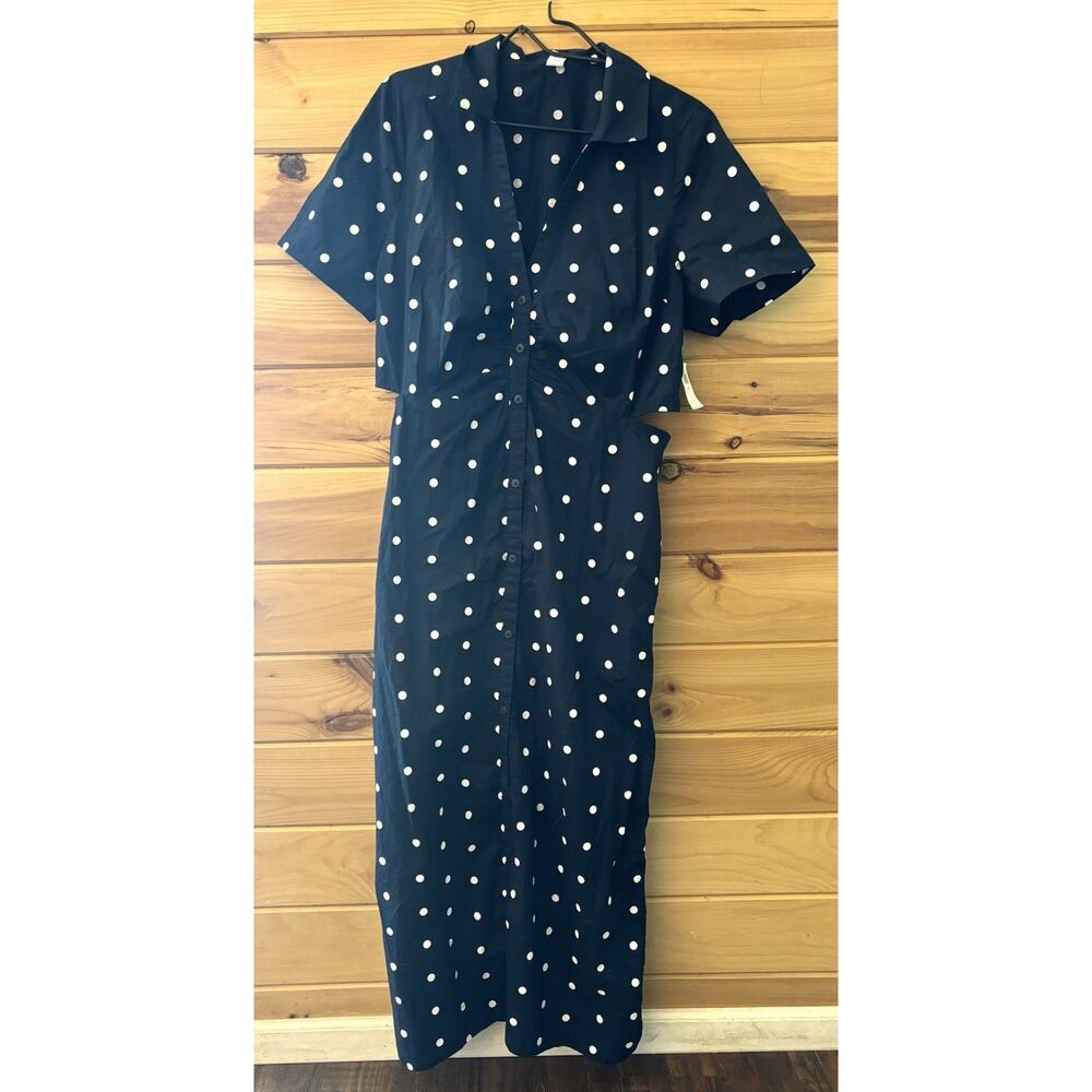 Old Navy NWT Midi Cut Out Navy White Polka Dot Shirt Dress Sz LT Pockets Cotton - Picture 2 of 7